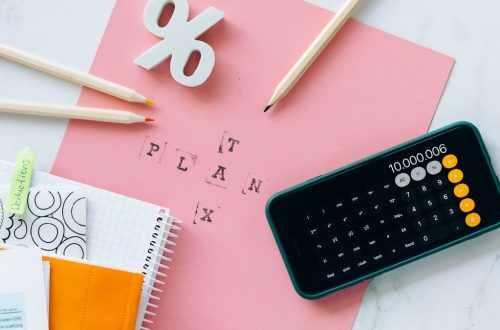 Flat lay showing tax planning tools including a calculator, pencils, and stationery items.